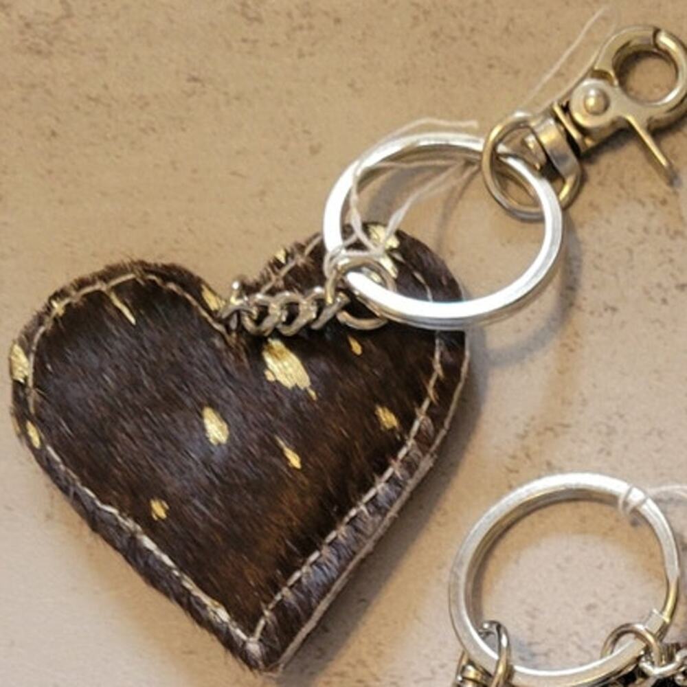 Cowhide Keychain Western Heart Dark Brown Metallic Gold